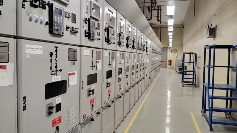 Long row of control panels in an industrial electrical control room, well-lit and spacious.